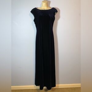 JR nites Caliendo Navy Blue velvet long maxi Evening Gown drape back boat neck 8